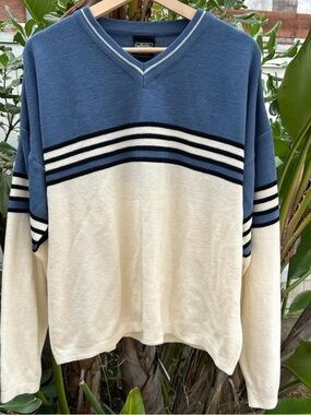 Vintage 2000s Left Coast V Neck Knit Sweater L Blue Cream